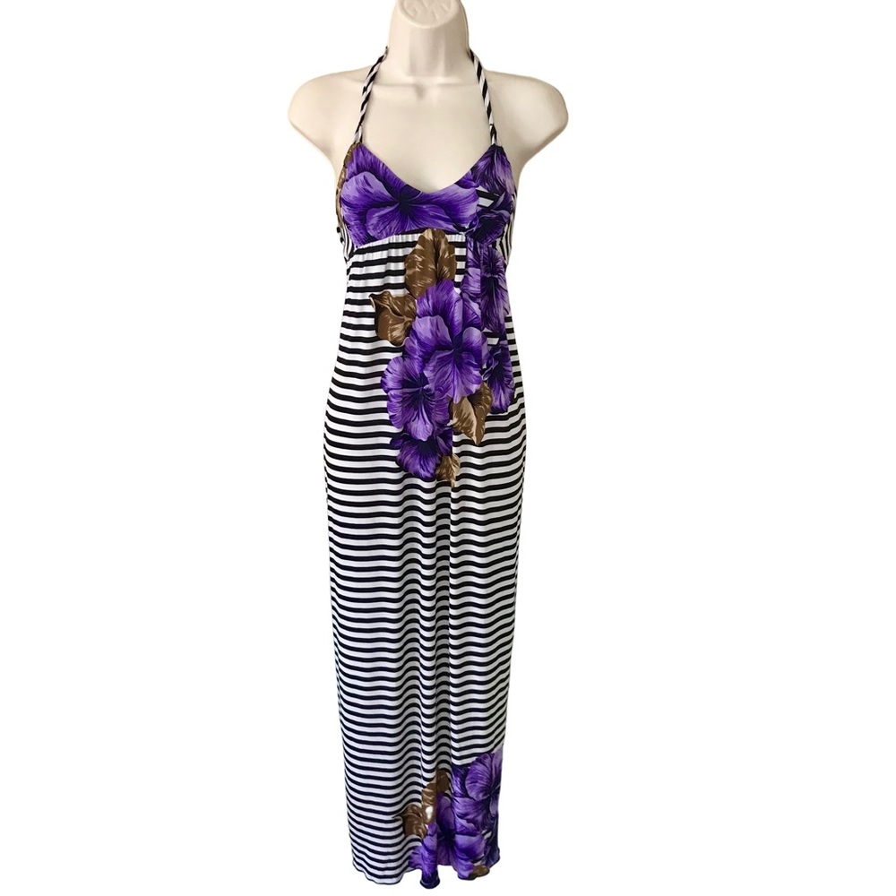 Y2K Vintage Sexy Black White Purple Striped Floral Halter Maxi Dress Goth Small